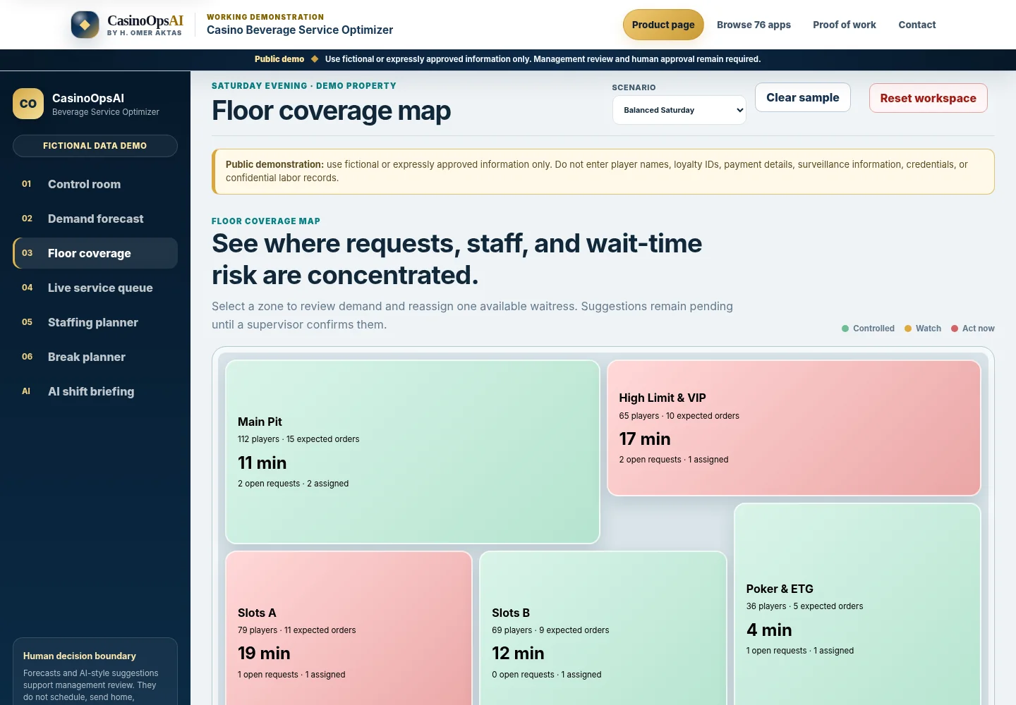 Floor coverage map screen in the Casino Beverage Service Optimizer.