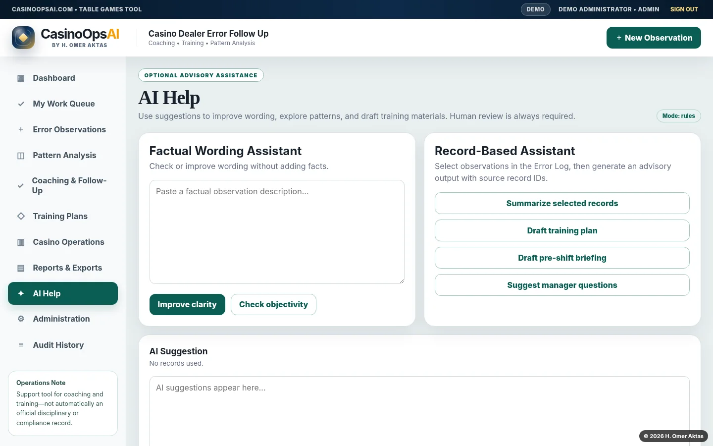 Advisory AI help screen for factual wording and record-based assistance