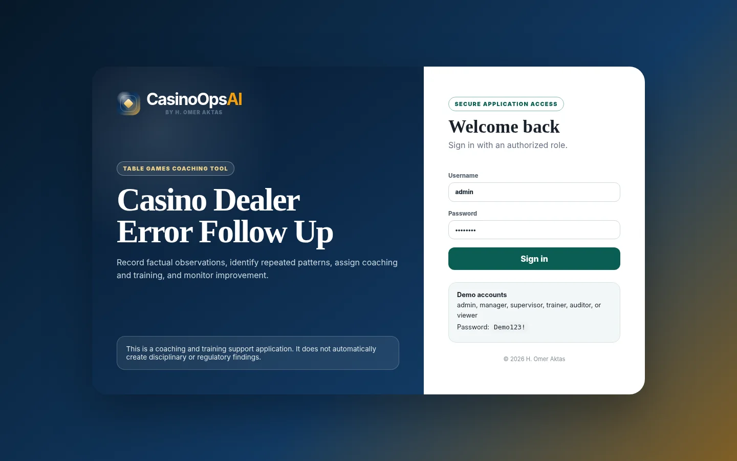Role-based sign-in screen for Casino Dealer Error Follow Up