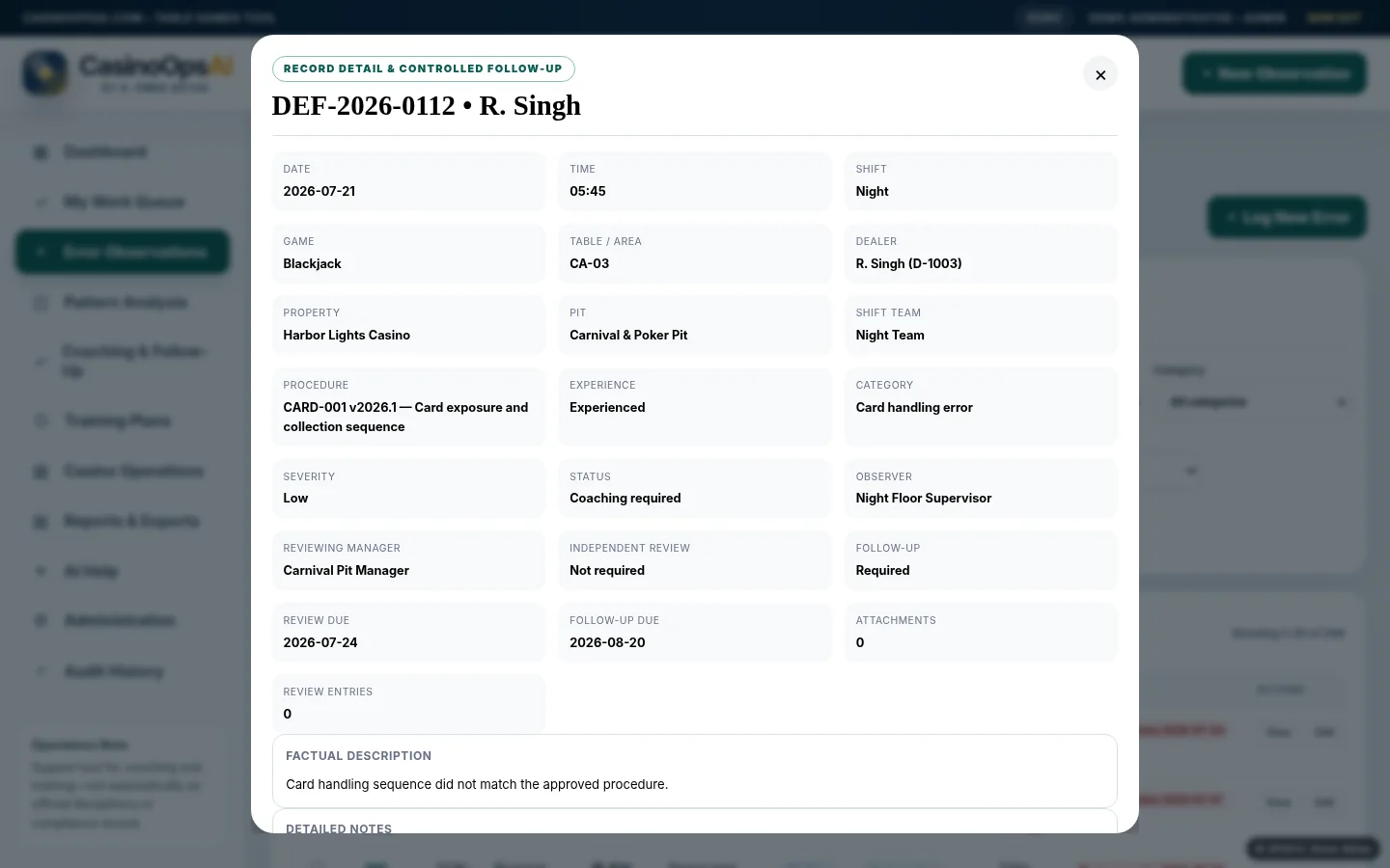 Detailed dealer error record with review and follow-up information